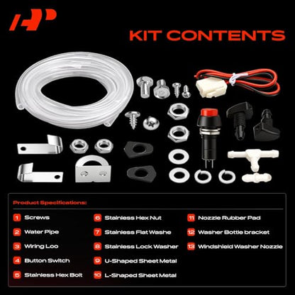 A-Premium Universal Windshield Washer Pump Fluid Reservoir Tank Bottle Kit with Jet Button Switch, 12V Washer Fluid Car Windshield Pump for ATV UTV