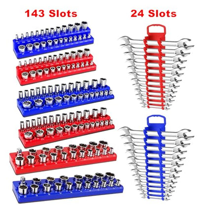 Magnetic Socket Organizer Set, 8PCS Socket Holder Organizer with 6 Socket Trays & 2 Wrench Racks, 1/4", 3/8", 1/2" Metric & SAE Tool Box Organizer for Garage, Toolbox, (Socket, Wrench not Included) - size: 8Pcs Socket Set