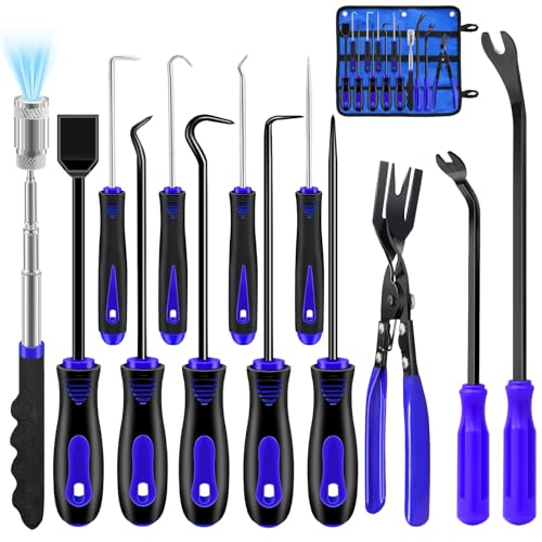 13 Pcs Precision Hook and Pick Tool Set with Clip Removal Plier Rivets Puller Fastener Remover Telescoping Magnetic Pickup Gasket Scraper for Electronics Maintenance Pick Tools Automotive Repair Blue - color: blue