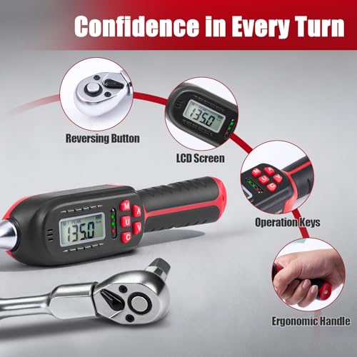 Adjustable Digital Torque Wrench 5-100 ft.lb/6.8-135 N.m, Interchangeable Electronic Torque Wrench with 42 mm Open End and 1/2 inch Ratchet, 2% Accuracy, LED Buzzer Alert, for HVAC - color: Red