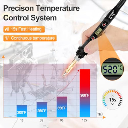 80W LCD Soldering Iron Kit Adjustable Temp 180-520℃ Precision Soldering Gun | 15s Fast Heating Electronics Soldering Kit with 50g Solder Wire, Flux, 5 Soldering Tips, Desoldering Pump, Stand, Tweezers