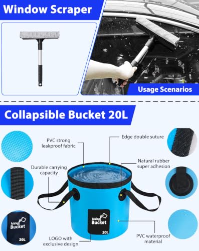THINKWORK Car Detailing Kit with Foam Gun & Vacuum, 41Pcs Car Cleaning Supplies | Complete Wash Kit, 7600PA Corded Vacuum, Car Wash Mop, 20L Folding Bucket, Detailing Brush Set for Interior & Exterior, Blue