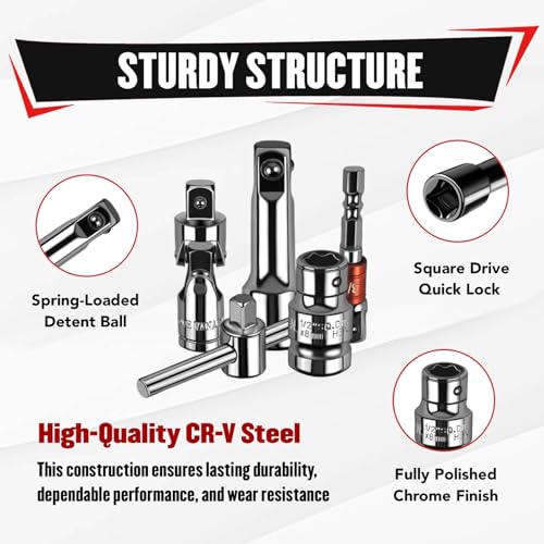 YIYITOOLS 25Pcs Drive Tool Accessory Kit, 1/4" 3/8" 1/2" Socket Accessories, Extension Bar, Adapter, Universal Joint & T-Bar, Professional CR-V Steel Construction - size: 25Pcs (Tool Accessory)