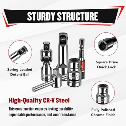 YIYITOOLS 25Pcs Drive Tool Accessory Kit, 1/4" 3/8" 1/2" Socket Accessories, Extension Bar, Adapter, Universal Joint & T-Bar, Professional CR-V Steel Construction - size: 25Pcs (Tool Accessory)