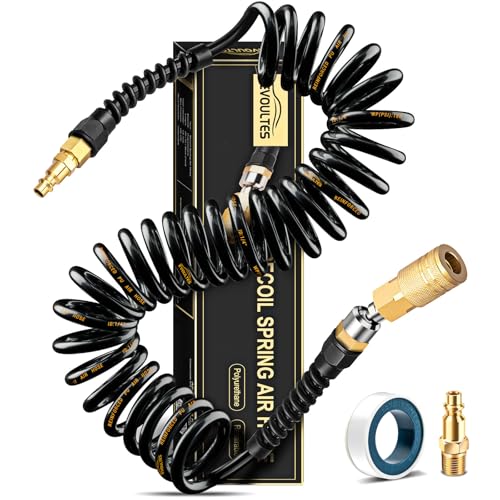 EVOULTES 1/4 In x 28 Ft Polyurethane Recoil Air Hose, Upgraded Air Compressor Hose with Repairable Bend Restrictor, Air Hose kit w/ 360° Swivel 1/4" NPT Coupler & Brass Quick Connect Air Fittings - color: Black