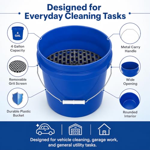 4 Gallon Car Wash Bucket with Grit Screen and Carry Handle, Durable Plastic Cleaning Pail for Auto Detailing, Home, Garage and Utility Use
