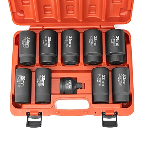 NEIKO 02531A 10 Piece 12 Point Socket Set 1/2” Drive, Lug Nut Remover, Spindle Nut Socket, Axle Nut Socket Set, Metric 29-39mm Socket 1/2 Drive Impact Set, Cr-Mo Impact Adapter, 3/4" -1/2” Reducer - size: 10 Piece Set