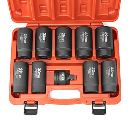 NEIKO 02531A 10 Piece 12 Point Socket Set 1/2” Drive, Lug Nut Remover, Spindle Nut Socket, Axle Nut Socket Set, Metric 29-39mm Socket 1/2 Drive Impact Set, Cr-Mo Impact Adapter, 3/4" -1/2” Reducer - size: 10 Piece Set