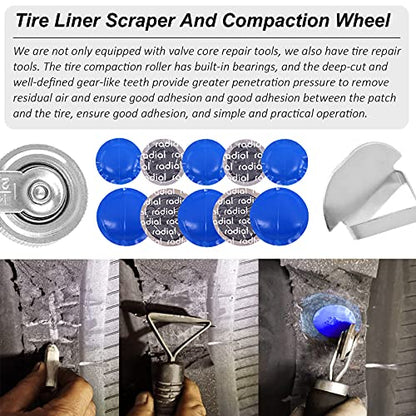70Pcs Tire Patch Kit Heavy Duty, Tire Roller, Liner Scraper, Rubber Repair Patches, Valve Core Removal Tool with Tire Valve Caps, 4-Way Valve Tool and Valve Core Wrench