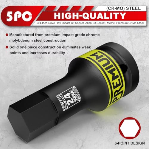3/4" Drive Impact Hex Bit Socket Set, Metric,14mm, 17mm, 19mm, 22mm, 24mm, Impact Allen Bit Socket, Cr-Mo Steel, One-Piece Construction, 5-Pieces - size: 3/4" Hex Metric