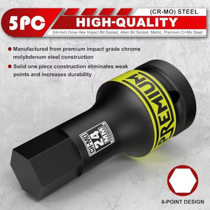 3/4" Drive Impact Hex Bit Socket Set, Metric,14mm, 17mm, 19mm, 22mm, 24mm, Impact Allen Bit Socket, Cr-Mo Steel, One-Piece Construction, 5-Pieces - size: 3/4" Hex Metric