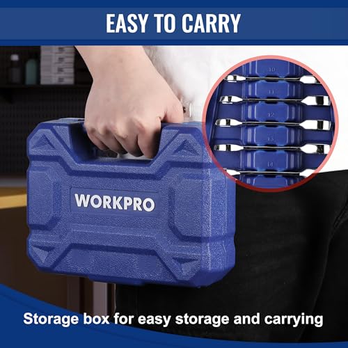 WORKPRO 14-Piece Ratcheting Combination Stubby Wrench Set, 72 Teeth, Combo Ratchet Wrenches Set with Organizer Box, SAE 3/8-3/4" & Metric 10-18mm