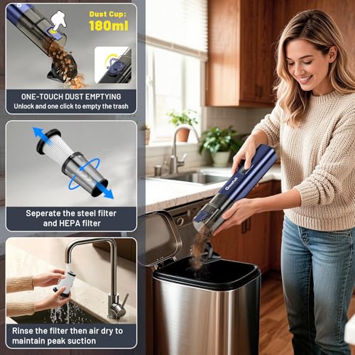 Car Vacuum Portable Cordless, 19500Pa 4-in-1 Handheld Vacuum Cordless Vacuum Cleaner&Air Duster with Multi-Nozzles, 140W Hand Cordless Rechargeable Vacuum Cleaners for Car, Home, Office, Pet
