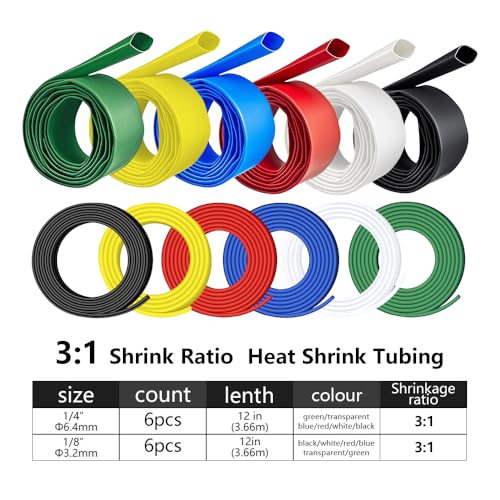 24 Ft (12 x 2ft) 1/4 & 1/8 Inch Heat Shrink Tubing Roll Kit, 3:1 Adhesive Lined Wire Shrink Wrap, Marine Grade Waterproof Insulated Sealed, for Home Use & Industrial Applications - color: 1/4in+1/8in 6 colors 24 FT