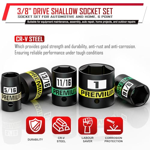 12-Piece 3/8" Drive Shallow Impact Socket Set, 5/16 to 1 inch, Semi-Deep Sockets, CR-V, Socket Set for Automotive and Home, SAE, 6 Point - size: 3/8" SAE Shallow