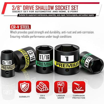 12-Piece 3/8" Drive Shallow Impact Socket Set, 5/16 to 1 inch, Semi-Deep Sockets, CR-V, Socket Set for Automotive and Home, SAE, 6 Point - size: 3/8" SAE Shallow