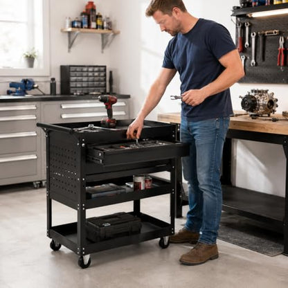 Garvee 30 Inch Rolling Tool Cart on Wheels, 3 Tier Steel Utility Tool Cabinet with 2 Drawer and Casters, Heavy Duty Tool Chest for Garage, Warehouse and Workshop