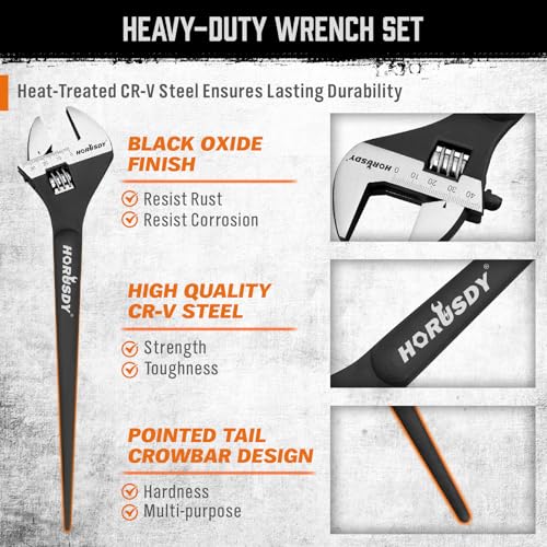HORUSDY 3-Piece Adjustable Spud Wrench Set, 10", 12", 16", CR-V Steel, SAE & Metric Scale, Black Oxide Finish, Heavy Duty Wrenches for Construction, Mechanical Repair, DIY and Outdoor Projects - style: 3PC Spud Wrench Set, 10" 12" 16"