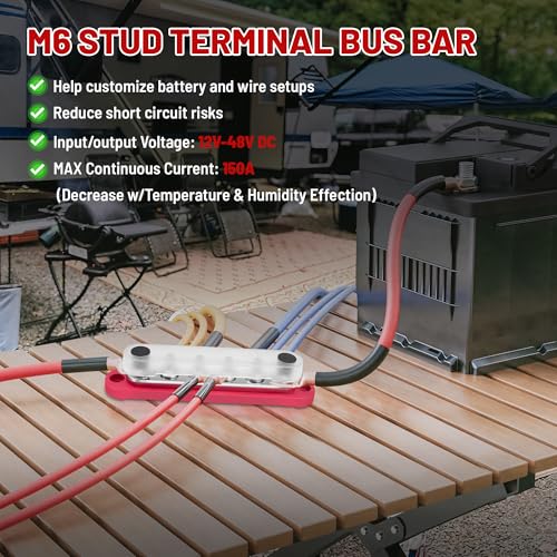RED WOLF 150A 12V Bus Bar with Cover, Power Distribution Block 6 x 1/4" (M6) Studs Battery Busbar Terminal Junction Block 48V Car RV Boat Marine Solar System