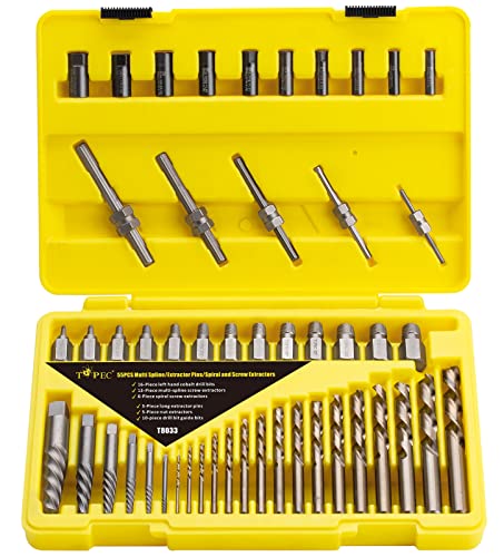 Topec 55-Piece Easy Out Screw Extractor Set & Broken Bolt Extractors | Multi-spline Extractors, and Drill Bits for Removing Damaged, Frozen, Rusted, Rounded-Off Bolts & Screws - color: 55-piece