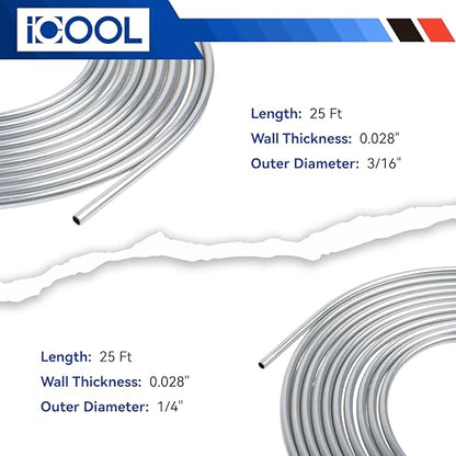 ICOOL 25 ft 3/16" and 1/4" Zinc Coated Brake Line Flaring Tool Kit with 20 Fittings and 4 Unions Brake Line Fittings, Brake Line Kit with Tube Bender and Reamer