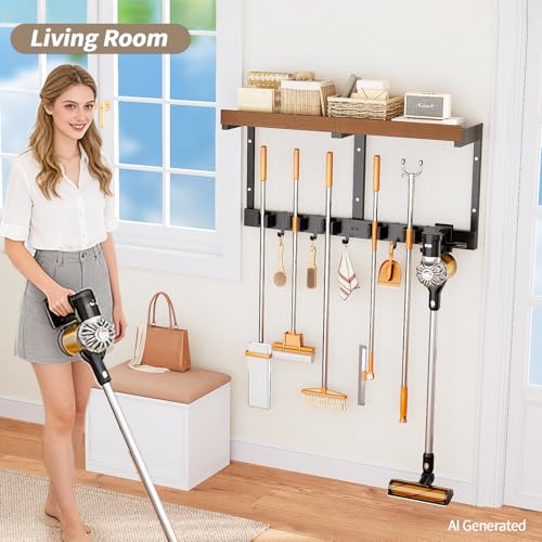 Broom and Mop Organizer Wall Hanging, Broom Hanger Holder Wall Mount | 3-in-1 mop and broom holder wall mount with 5 racks,5 hooks, storage shelf & vacuum organizer for garage,kitchen,laundry room