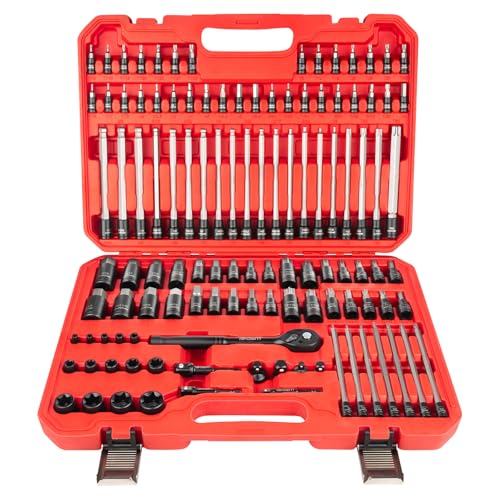 LLNDEI 115-Piece Torx & Allen Bit Socket Set, 1/4",3/8"and 1/2" Drive, Extra Long Torx//Tamper Proof Torx/Hex/Ball End Hex Socket Set, S2 Steel, SAE/Metric, with Ratchet Wrench & Adapters