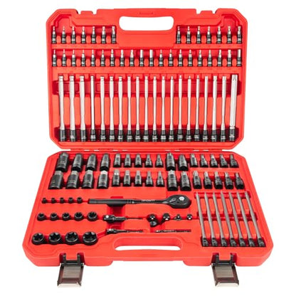 LLNDEI 115-Piece Torx & Allen Bit Socket Set, 1/4",3/8"and 1/2" Drive, Extra Long Torx//Tamper Proof Torx/Hex/Ball End Hex Socket Set, S2 Steel, SAE/Metric, with Ratchet Wrench & Adapters