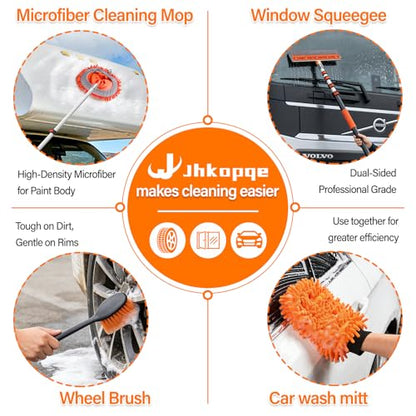 18 FT Reach Car Wash Brush with Long Handle, Car Cleaning Kit with 3-12FT Extension Pole, Soft Bristle Brush, Chenille Microfiber Cleaning Mop&Mitt, Window Squeegee, Wheel Brush for RV, Truck