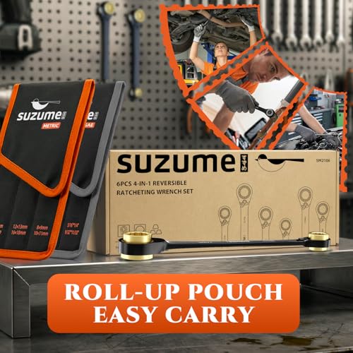 SUZUME 6PCS 4 in 1 Ratchet Wrench Metric (8-19mm) SAE (1/4"-3/4") | Reversible Ratcheting Bouble Box End 72-Tooth CR-V Auto Motorcycle Bicycle Industrial and Mechanical Repair with Storage Bag - size: Metric & SAE