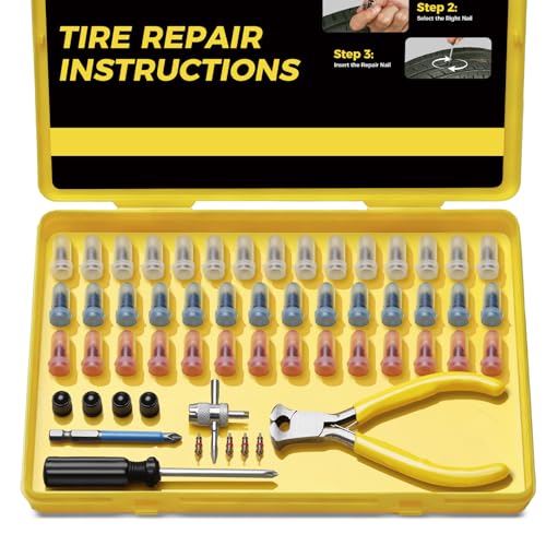 AUTOWN Tire Repair Kit with Tire Plugs Screw Type, Heavy Duty Flat Tire Puncture Repair Nail Kit for Car, Truck, Motorcycle, SUV, ATV, Tractor