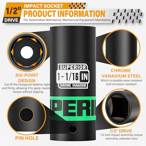 1/2" Drive Impact Socket, 1-1/16 inch Deep Socket, SAE, 6 Point, CR-V, for Car Repair, Loosen the Fastening Nut - size: 1/2" Drive 1-1/16 Inch Deep