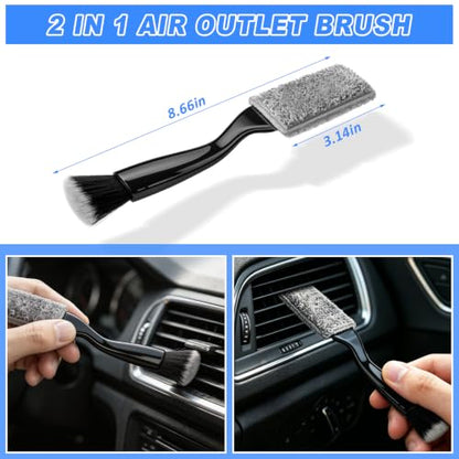 Car Interior Cleaning Kit - Windshield Cleaner Tool, 3 Graded Boar Brushes, Double Head AC Vent Shutter Brush, Towels, Duster, Car Interior Detailing Kit for RVs, Truck, Trailer