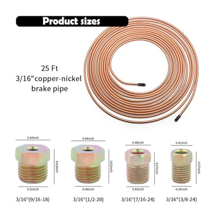 Single & Double Brake Line Flaring Tool Kit with 5 Adapters,25FT 3/16 Brake Line Kit with 16 Fittings,Copper Coated Brakes Lines Repair Kits for Automotive,Fuel,Hydraulic Systems