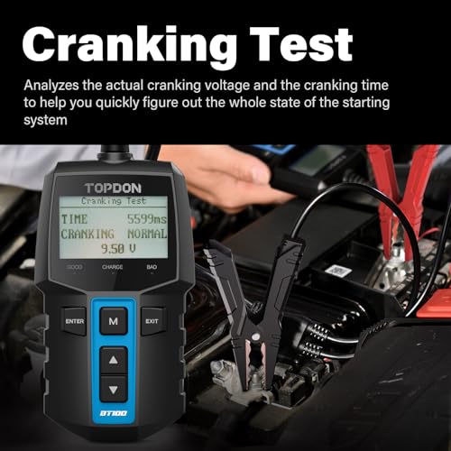 TOPDON BT100 Car Battery Tester 12V Load Tester, 100-2000 CCA Automotive Alternator Tester Digital Auto Battery Analyzer Charging Cranking System Tester for Car Truck Motorcycle ATV SUV Boat Yacht