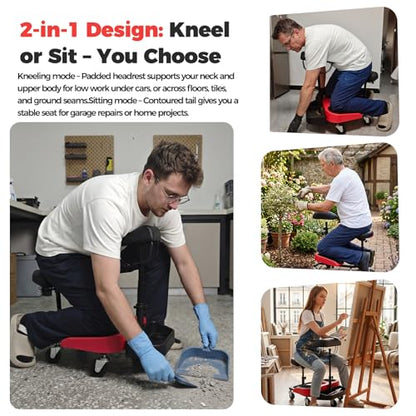 Heavy-Duty Kneeling/Sitting Creeper with Adjustable Seat & Tool Tray – 300lb Capacity Rolling Knee Work Seat for Auto Repair, Flooring, Landscaping & DIY – Padded Knee Support & Smooth Casters