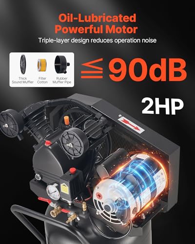 VEVOR 20 Gallons Air Compressor, 2HP 6.5SCFM at 90PSI, Max 135PSI Pressure Oil-Lubricated Air Compressor Tank,Portable on Wheels for Auto Repair,Tire Inflation,Spray Painting,Woodwork Nailing,120V - size: 20-Gallon 135PSI
