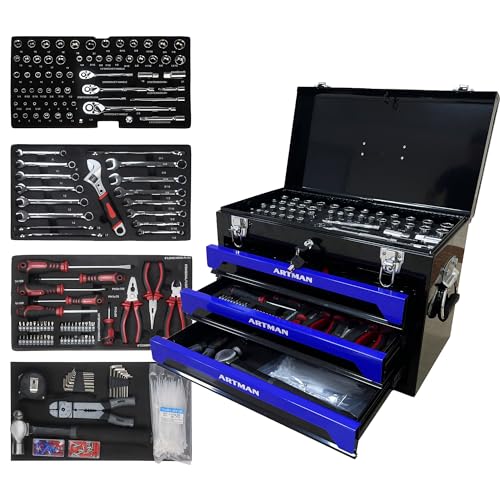 Campfun 439PCS Tool Set, Mechanic Tool Set for Home, Tool Box Set 4-Tier Socket Wrench Ratchet Plier Nails, Home Tool Set Mechanics Kit with 3 Drawers Organizer for Adults Man Handyman, Blue - color: 439pcs-blue
