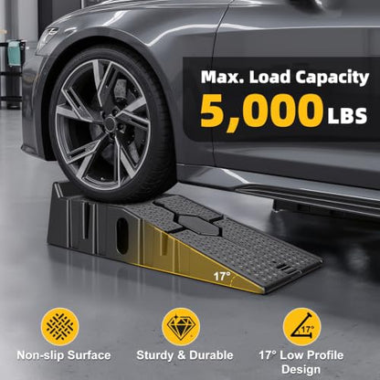 Car Ramps for Oil Changes, 5000lbs Capacity Heavy-Duty Vehicle Service Lift, 17-Degree Low-Profile Incline with Non-Slip Tread, Durable PP 2-Pack for Auto Maintenance Black