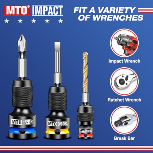 MTO 1/2 3/8 1/4-Inch Square Drive to 1/4-Inch Hex Socket Adapter, 3PCS Quick Release Impact Bit Holder, for Impact Wrench Ratchet, CR-MO