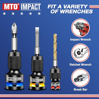 MTO 1/2 3/8 1/4-Inch Square Drive to 1/4-Inch Hex Socket Adapter, 3PCS Quick Release Impact Bit Holder, for Impact Wrench Ratchet, CR-MO