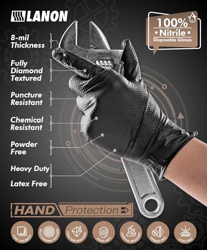 LANON Black Nitrile Disposable Gloves, EN ISO 374 Chemical Resistant, Heavy-Duty, Mechanic, Textured Fingertips, Latex-Free - size: X-Large(8 mil)