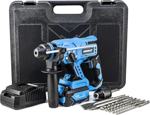 NEIKO 10882A Cordless Rotary Hammer Drill, Includes 20-Volt Li-ion Rechargeable Battery, Fast Charger, SDS Plus Hammer Drill, Heavy Duty Brushless Demolition Hammer, Cordless Hammer Drill, Rotohammer - style: Brushless Hammer Drill