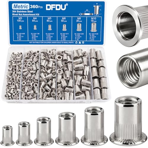 360Pcs Rivet Nut Assortment Kit, Metric Rivnut Set M3 M4 M5 M6 M8 M10 304 Stainless Steel Nutsert Flat Head Knurled Body Threaded Inserts for Metal, Automotive, Furniture - size: SS Metric kits 360pcs