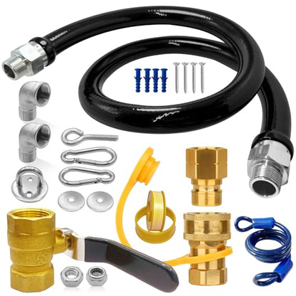 1675KIT48 Safety System Kit, 48" Commercial Gas Hose Connector Kit with 3/4" Quick Disconnect,Gas Line Hose for Kitchen Equipment Commercial Standard Gas Connector,Full Port Valve,Restraining Devices.