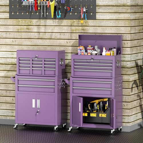 INTERGREAT Tool Chest, Assembled 8-Drawers Rolling Tool Chest with Wheels, Detachable Top Tool Box, Tool Cabinet for Repair Room,Warehouse, Rolling Tool Box with Hooks,Tray Divider,Liners(Purple) - color: Purple, size: 8 Drawers