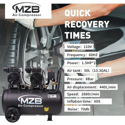 MZB 13.2 Gallon Ultra Quiet Air Compressor 115PSI Steel Tanks 70dB Noise Level Oil Free Air Compressor - size: MZB-1100H-50