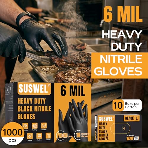 HEAVY DUTY 6 Mil Nitrile Gloves Disposable Latex Free Black Rubber Mechanic Tattoo Cleaning Cooking Gloves 1000PCs - color: Black-1000pcs, size: X-Large