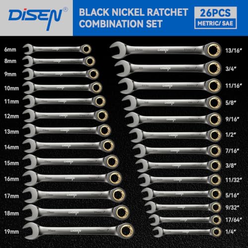 DISEN 26 Piece Ratcheting Wrenches Set 90 Teeth, Combination Wrenches Set Metric 6MM-19MM and SAE 1/4 Inch-13/16 Inch, Cr-V Steel, Ratchet Set Nickel Plating with Organizer Visit the Store