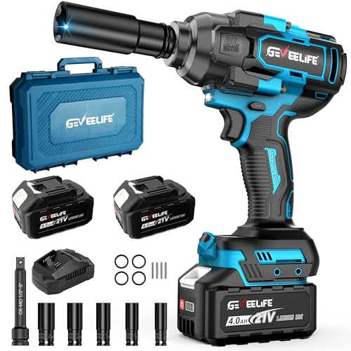 GEVEELIFE 1200N.m (900Ft-lbs) Brushless Impact Wrench, 1/2" Cordless Impact Driver with 2x 4.0Ah Battery, Fast Charger & 5 Sockets, High Torque, Electric Impact Gun for Car/Truck/RV/Mower